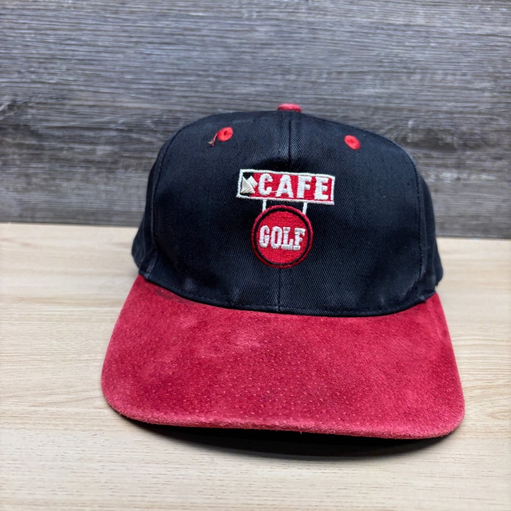 Vintage Café Golf Hat Cap Strap Back Black Red Suede Logo Tin Cup